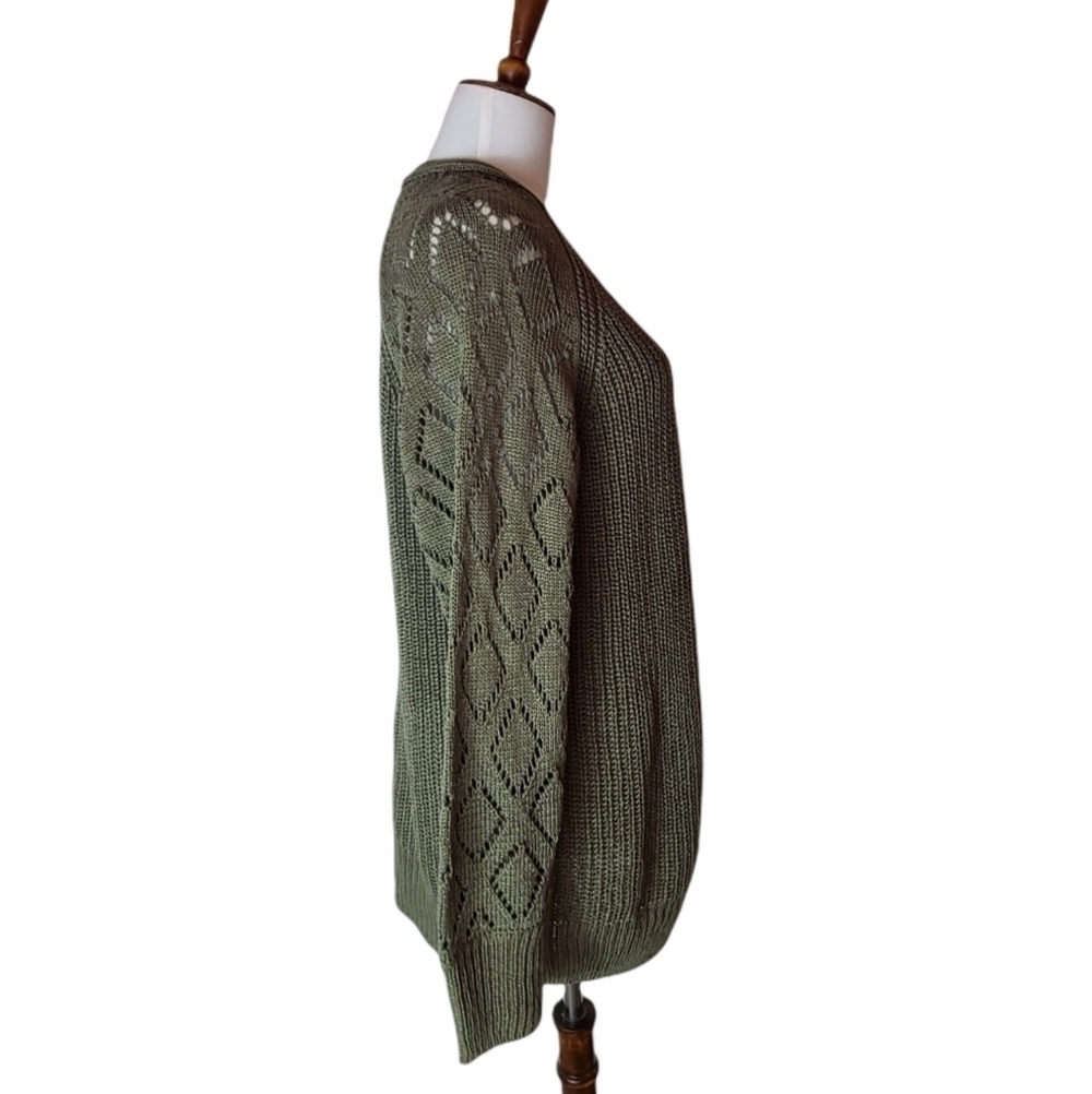 Marled Olive Green Cable Knit Open Front Cardigan Cozy Fall Boho Small NWT - Picture 5 of 9